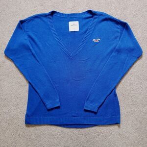 Vintage 90s Hollister V-Neck Sweater Asymmetrical Bottom Hem Royal Blue Size S